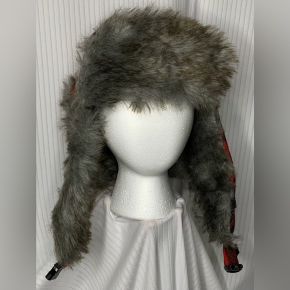 Snotek - Hunting / Aviator Hat With Faux Fur Lining And Trim Red And Black Plaid - Picture 3 of 11